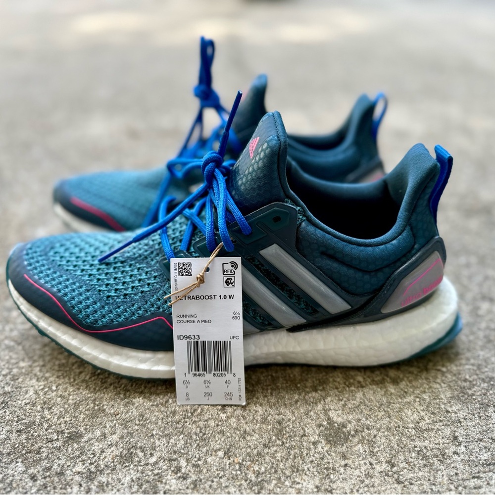 Adidas Teal and Blue Running Shoes with Pink Accents